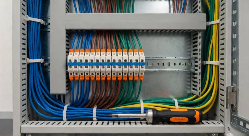 mejor forma de unir cables eléctricos, Cuadro eléctrico con conectores Wago y cables organizados