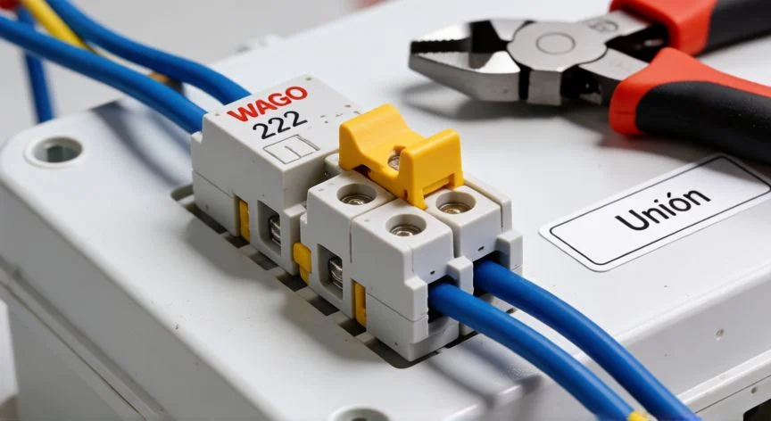 mejor forma de unir dos cables, Conector Wago 222 uniendo dos cables azules en caja de registro