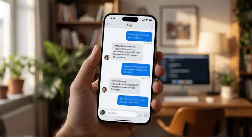 mejor forma de usar claude, Mano sosteniendo un móvil con una conversación de IA en una oficina doméstica