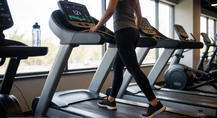 Persona caminando con inclinado en una caminadora de gimnasio