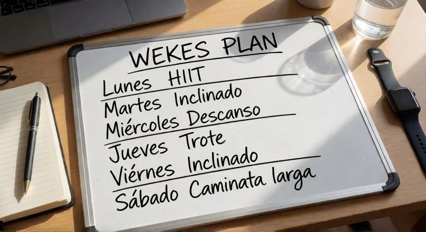 mejor forma de usar la caminadora para bajar de peso, Plan semanal de entrenamiento en caminadora en una pizarra