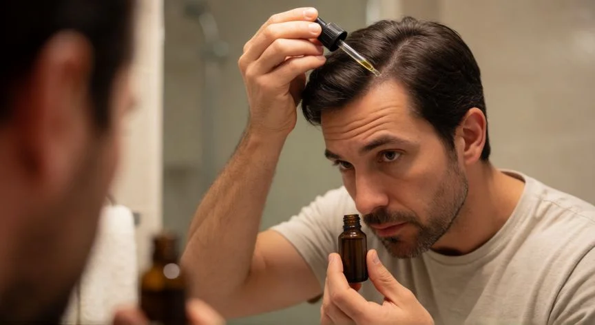 mejor forma de usar minoxidil, Hombre aplicando minoxidil en gotas directamente sobre el cuero cabelludo frente al espejo del baño