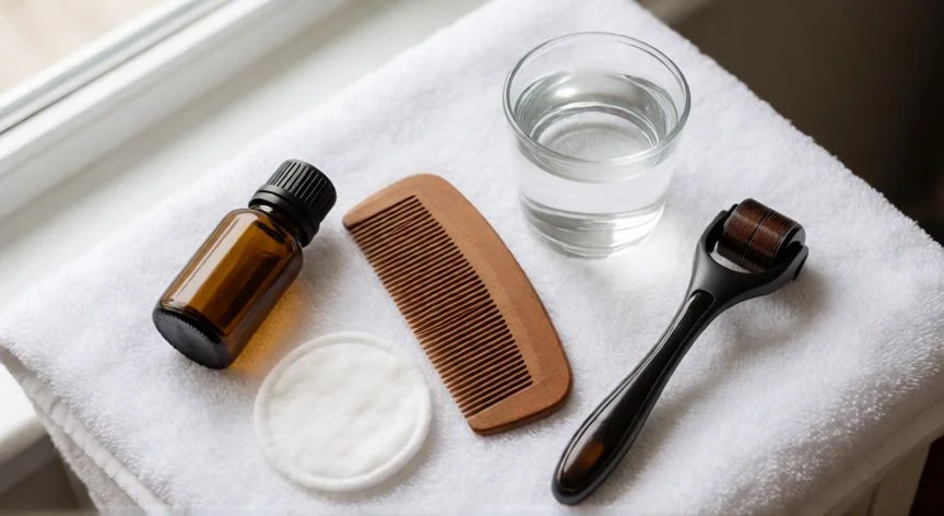 mejor forma de usar minoxidil, Vista cenital de productos de tratamiento capilar: minoxidil, algodón, peine fino y dermaroller sobre una toalla blanca