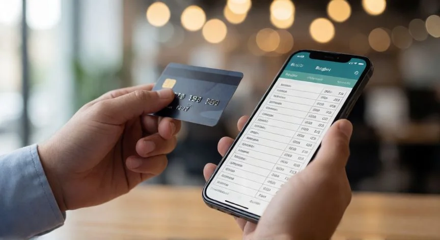 mejor forma de usar una tarjeta de credito, Persona revisando su presupuesto en el móvil mientras sostiene una tarjeta de crédito