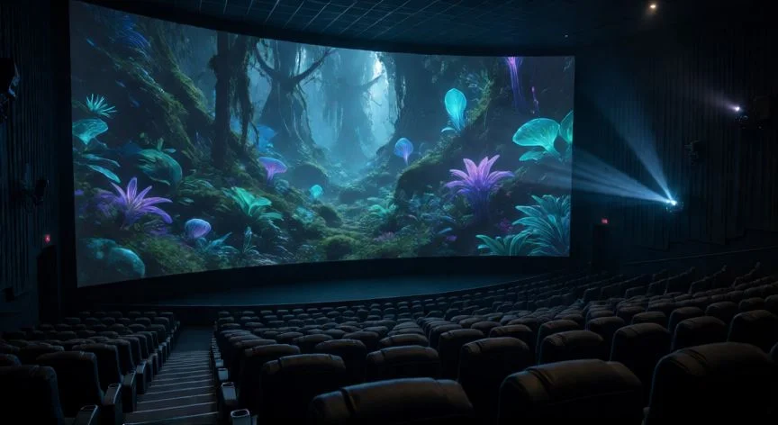 mejor forma de ver avatar 3, Sala IMAX vacía con proyección de un bosque alienígena bioluminiscente en Avatar 3