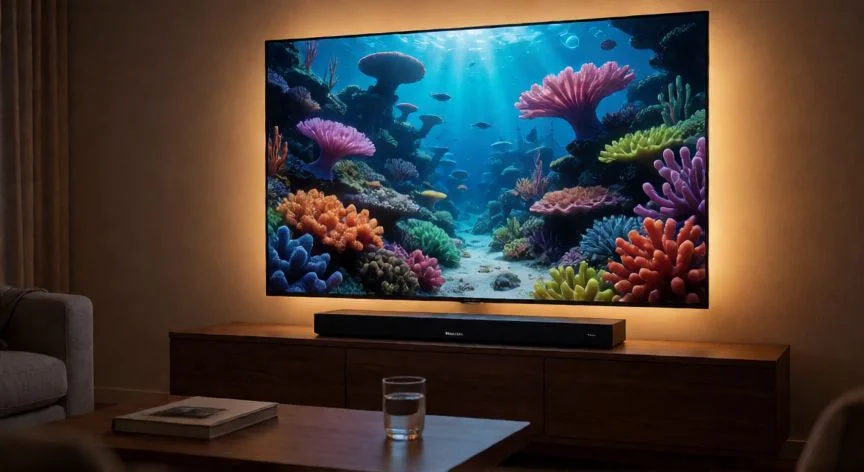 mejor forma de ver avatar 3, Sala de estar con televisor OLED 85 pulgadas mostrando escena HDR y sonido Atmos
