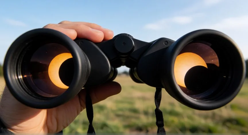 mejor forma de ver el eclipse, Persona observando un eclipse solar parcial con binoculares equipados con filtro solar