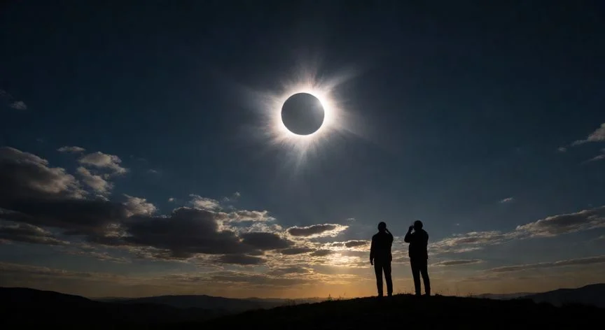 mejor forma de ver el eclipse, Eclipse solar total con la corona visible sobre un horizonte oscurecido y espectadores en silueta