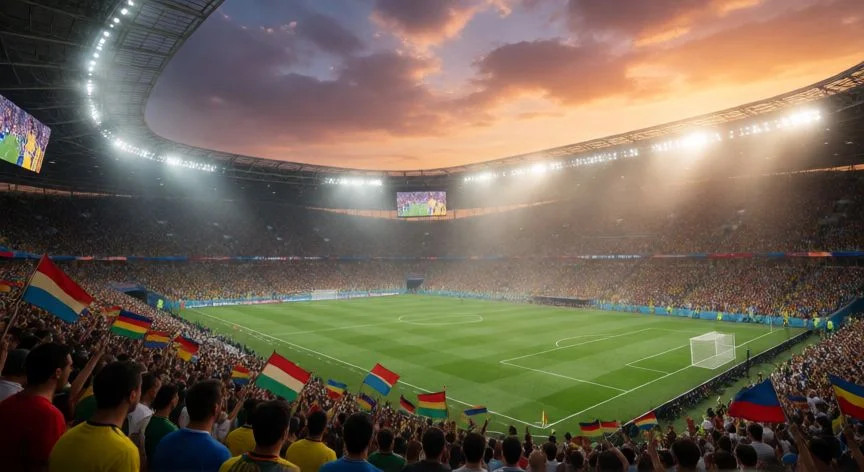 mejor forma de ver el mundial, Estadio abarrotado durante un partido del Mundial al atardecer con banderas de selecciones