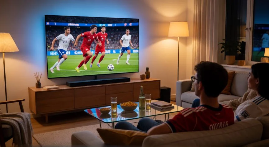 mejor forma de ver el mundial, Salón con televisor grande viendo partido de fútbol en directo con amigos