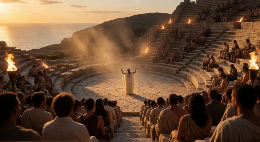mejor forma de ver la odisea, Teatro griego al aire libre con un rapsoda recitando la Odisea ante el público al atardecer