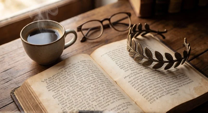 mejor forma de ver la odisea, Libro abierto con el texto griego y español de la Odisea junto a un café y una corona de laurel
