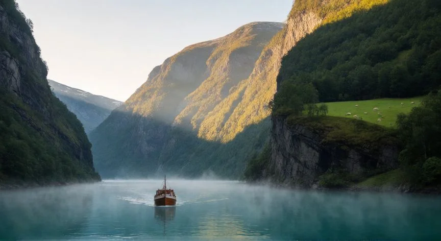 mejor forma de ver los fiordos noruegos, Barco de turismo navegando por el estrecho Nærøyfjord entre acantilados de mil metros al amanecer
