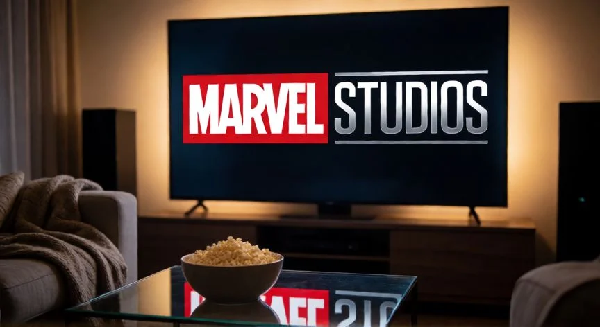 mejor forma de ver marvel, Sala de estar con televisor mostrando el logo de Marvel Studios y palomitas sobre la mesa