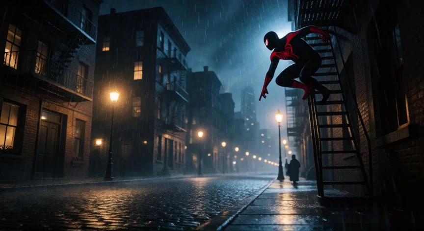mejor forma de ver spider noir, Figura heroica en un callejón noir de los años 30 bajo la lluvia