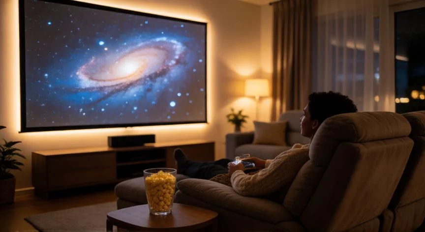 mejor forma de ver star wars, Sala de cine en casa preparada para ver Star Wars con proyector y ambiente acogedor