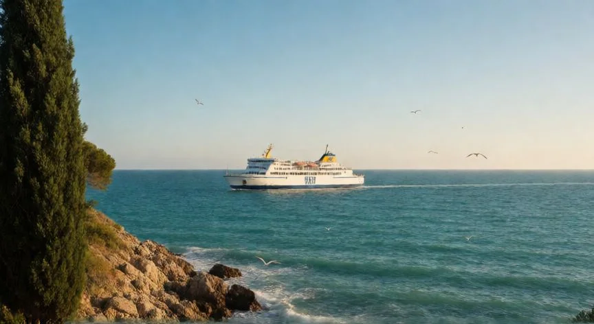 mejor forma de viajar a cerdeña, Ferry cruzando el mar Mediterráneo rumbo a Cerdeña al atardecer