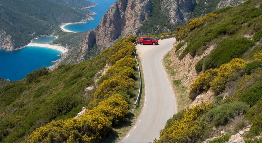 mejor forma de viajar a cerdeña, Carretera de montaña en el interior de Cerdeña con vistas a la costa