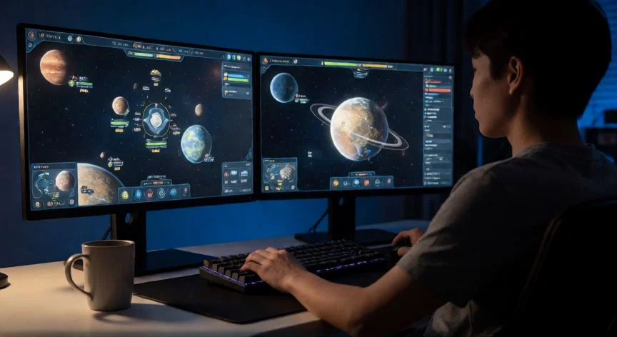 mejor forma de vida ogame, Jugador de OGame planificando su estrategia en la pantalla con interfaz de flota y recursos