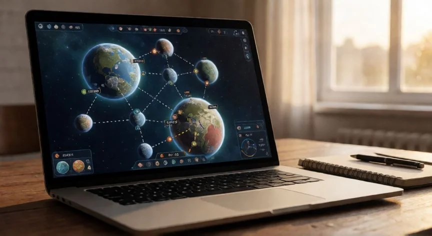 mejor forma de vida ogame, Mapa galáctico de OGame en pantalla mostrando planetas y flotas en movimiento