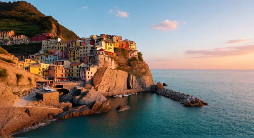 mejor forma de visitar cinque terre, Vista de Manarola al atardecer, pueblo costero en Cinque Terre con casas de colores sobre el mar