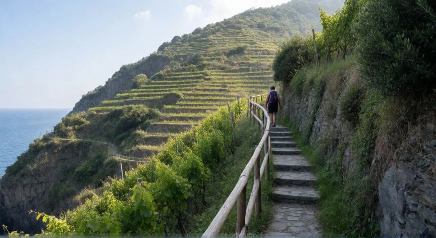 mejor forma de visitar cinque terre, Sendero costero del parque de Cinque Terre entre viñedos y acantilados sobre el mar