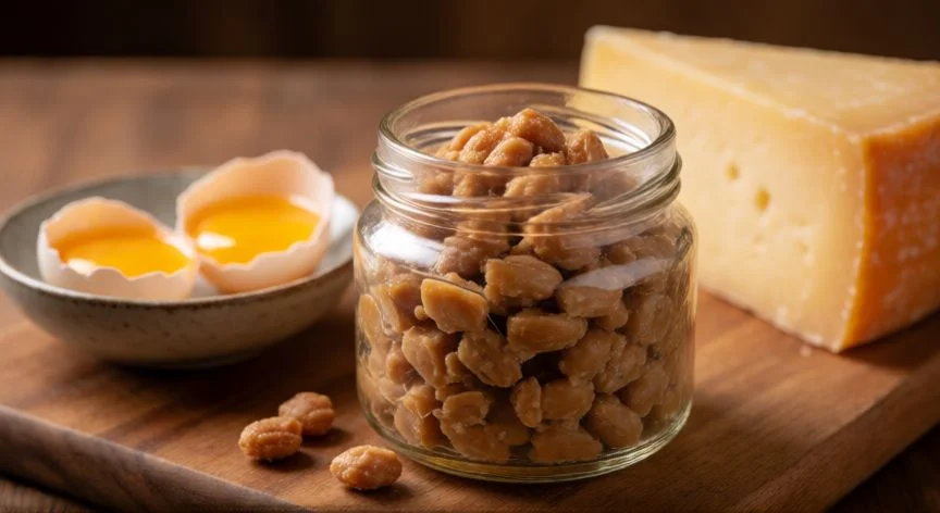 mejor forma de vitamina k2, Natto japonés, yema de huevo y queso curado como fuentes alimentarias de vitamina K2