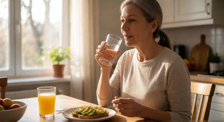 mejor forma de vitamina k2, Mujer tomando suplemento de vitamina K2 MK-7 con una comida que contiene grasa