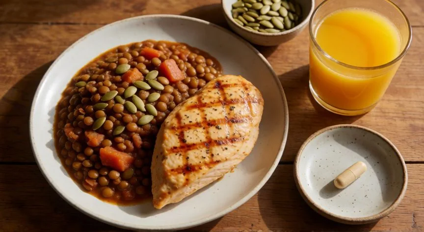 mejor forma de zinc, Plato con comida rica en zinc: pollo a la plancha, lentejas, semillas de calabaza y una cápsula de suplemento