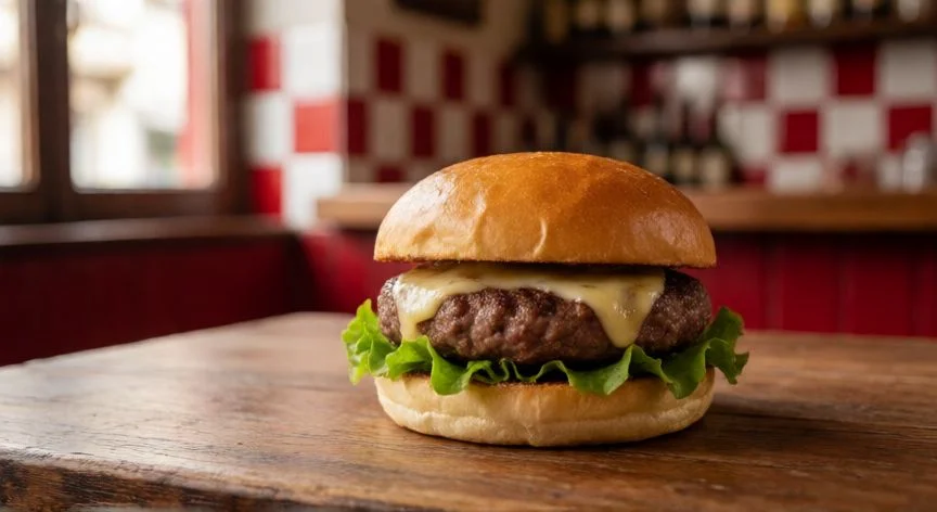 Hamburguesa artesana de vaca vieja sobre mesa de madera estilo vasco
