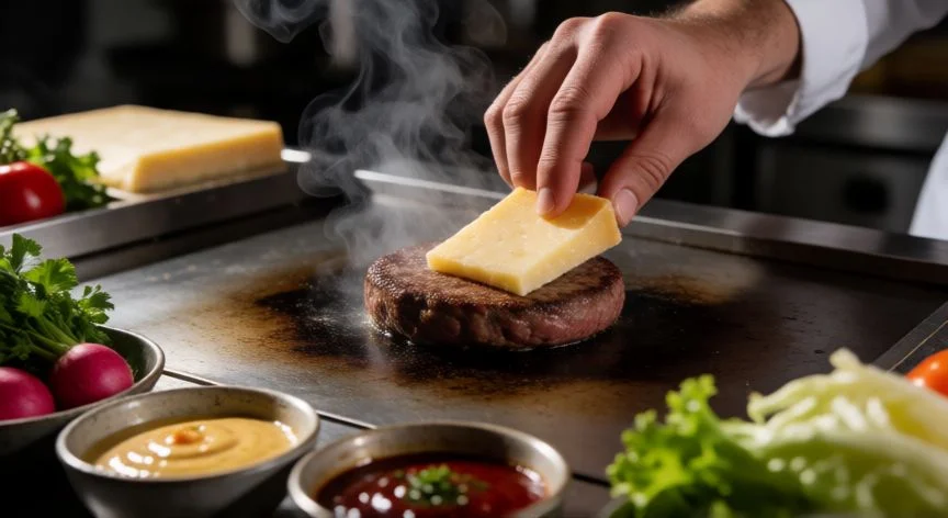mejor hamburguesa pais vasco, Preparación de hamburguesa gourmet con queso y carne en plancha profesional