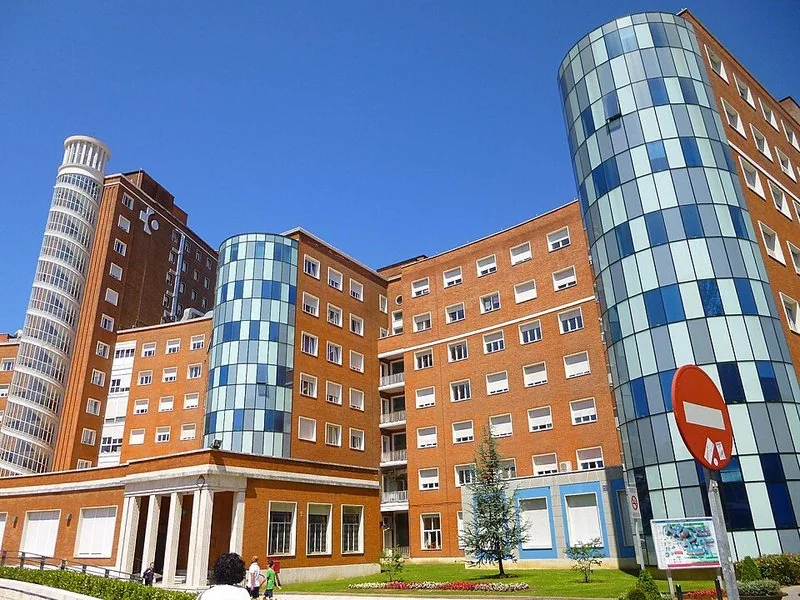 Edificio principal del Hospital Universitario de Cruces, en Barakaldo, con sus torres de cristal azul