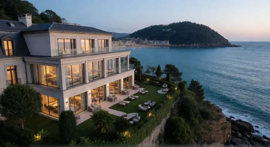 Vista aérea de un hotel de lujo en los acantilados de San Sebastián