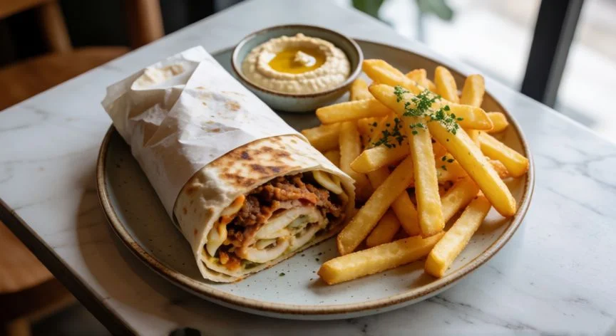 mejor kebab pais vasco, Plato de kebab con patatas fritas y acompañamiento gourmet