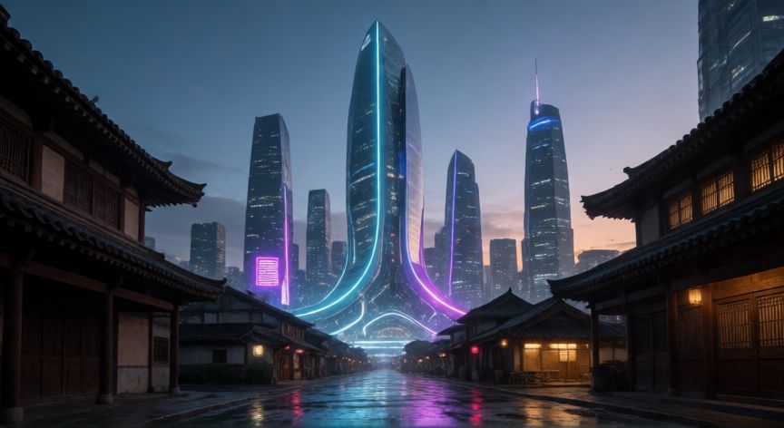 Paisaje urbano futurista simbolizando la innovación y la tradición de las mejores marcas país