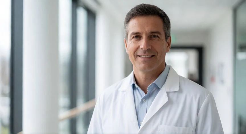 Neurólogo experto en el País Vasco sonriendo en un hospital moderno
