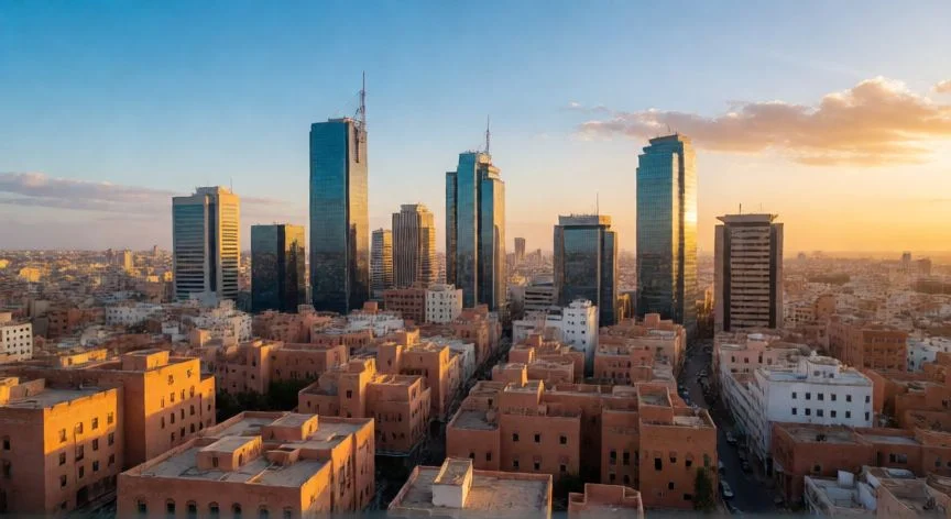 mejor pais áfrica para vivir, Vista aérea de una ciudad moderna en el norte de África al atardecer