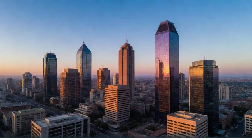 Vista panorámica del horizonte de Johannesburgo en Sudáfrica al atardecer