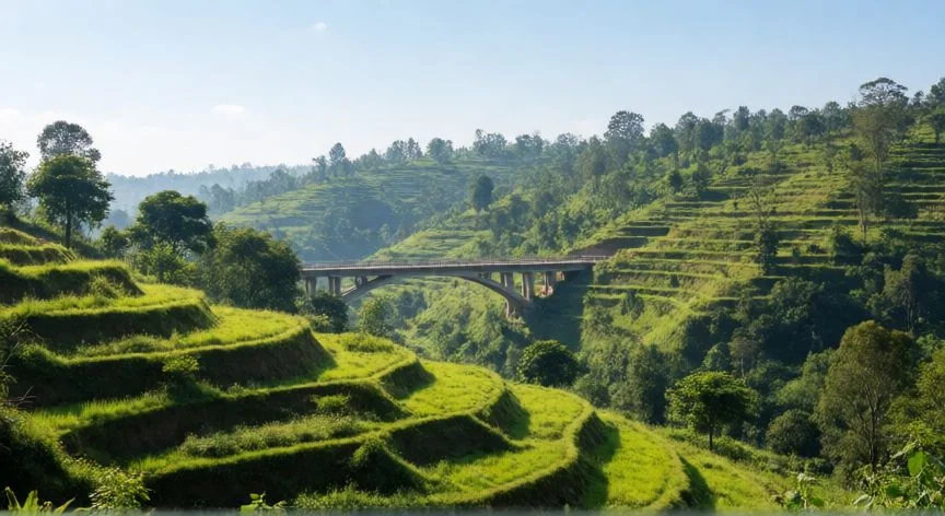 mejor pais africano, Paisaje verde de Ruanda con colinas escalonadas y un puente moderno