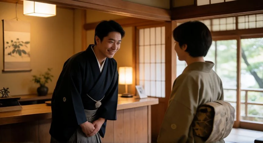 Recepción cálida en un alojamiento tradicional japonés mostrando la hospitalidad local