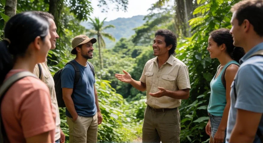 mejor pais anfitrion, Guía local en Costa Rica mostrando la naturaleza a turistas en un ambiente seguro y amigable
