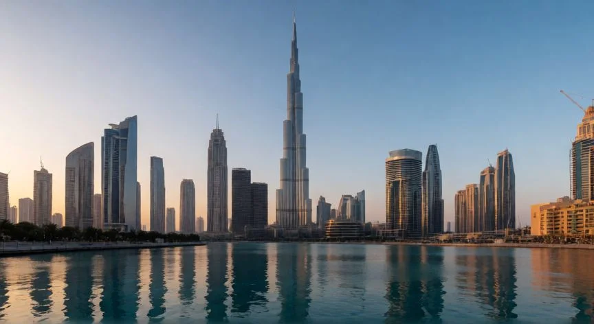 Vista panorámica de Dubái al atardecer con rascacielos modernos