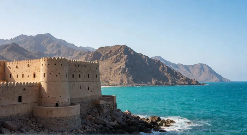mejor pais arabe para vivir, Fuerte tradicional omaní frente al océano Índico con montañas al fondo