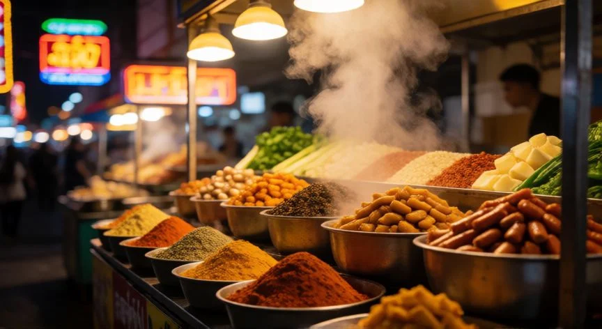 mejor pais asiatico, Mercado callejero de comida en Bangkok con platos exóticos y luces de neón