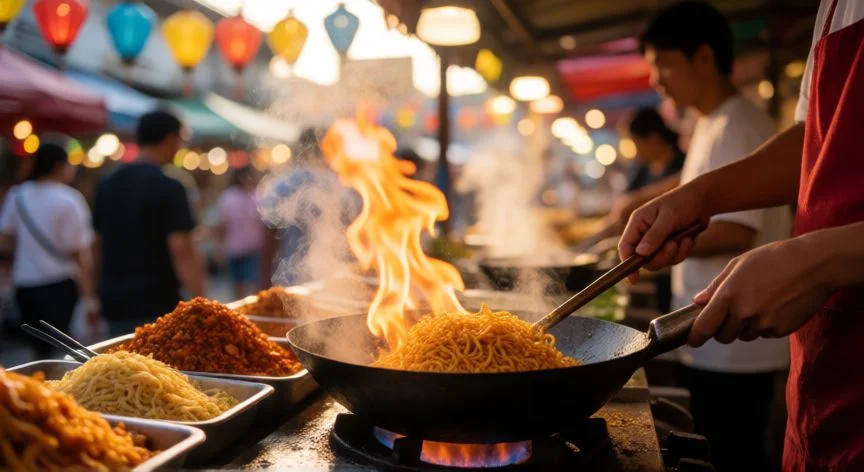 mejor pais asiatico para viajar, Mercado callejero de comida en Bangkok con humo y luces cálidas