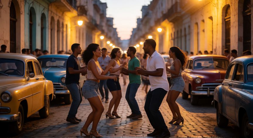 Bailando salsa en las calles de La Habana al atardecer