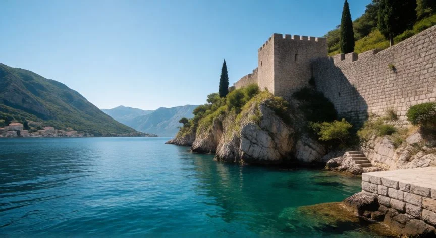 Vista panorámica de la Bahía de Kotor en Montenegro con aguas turquesa