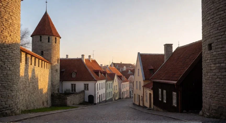 Vista panorámica del casco antiguo de Tallin en Estonia durante la hora dorada