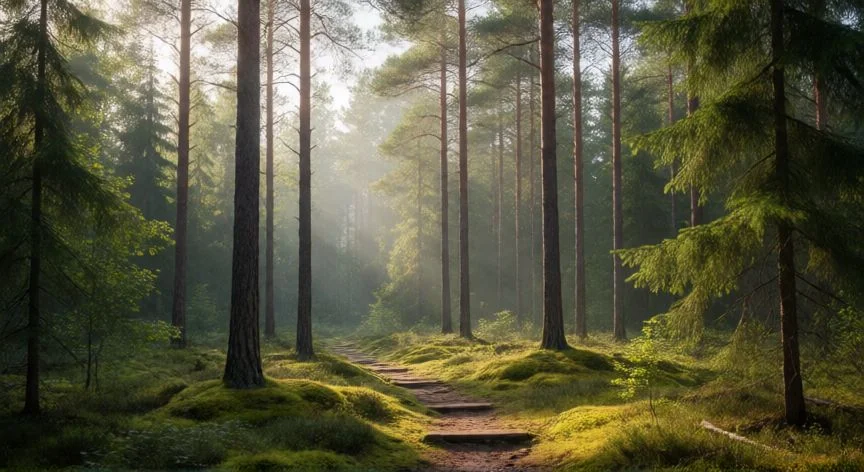 mejor pais baltico para visitar, Bosque de pinos en Lituania con sendero de madera y luz natural