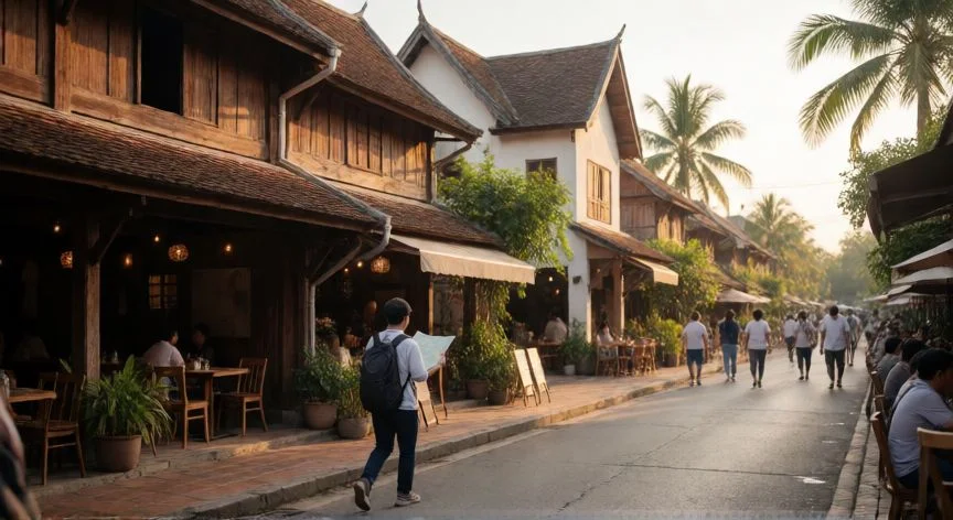 Calle animada en Tailandia con arquitectura tradicional y turistas